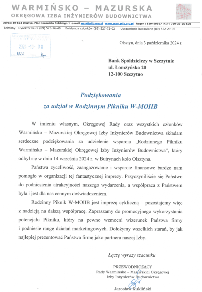 Podziękowanie dla Banku Spółdzielczego w Szczytnie