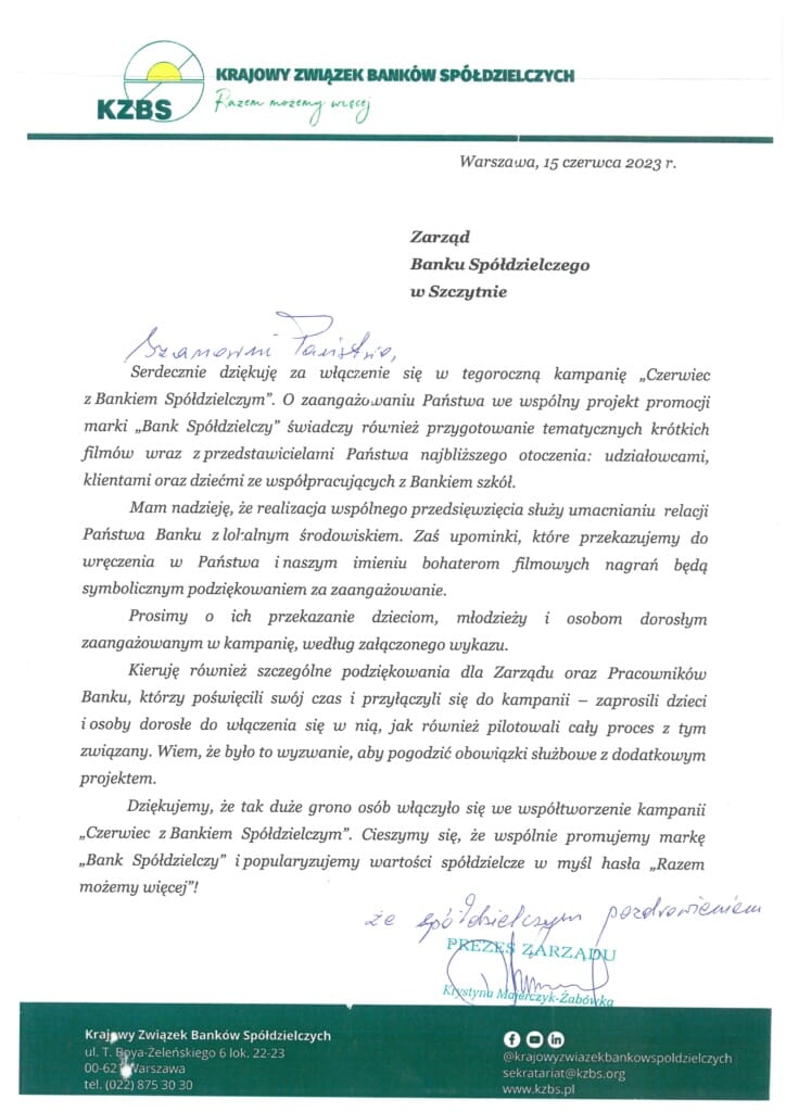 Podziękowania od Krajowego Związku Banków Spółdzielczych