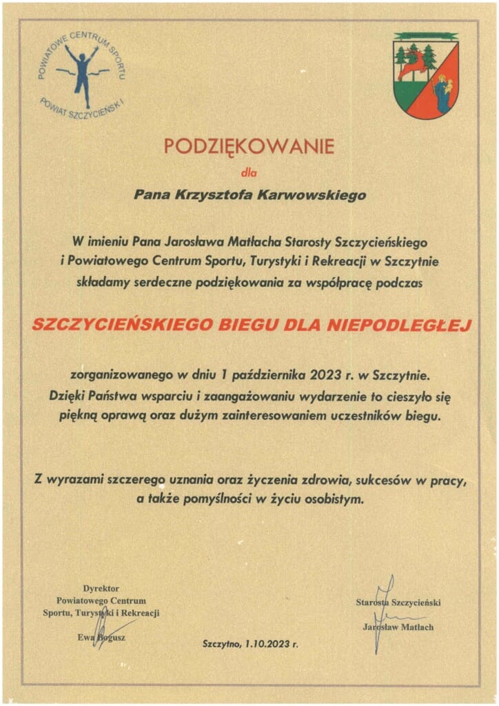 Podziękowanie dla Krzysztofa Karwowskiego
