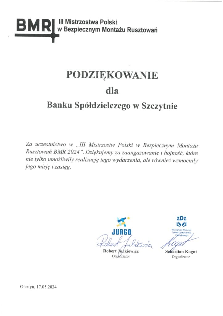 Podziękowanie dla Banku Spółdzielczego w Szczytnie