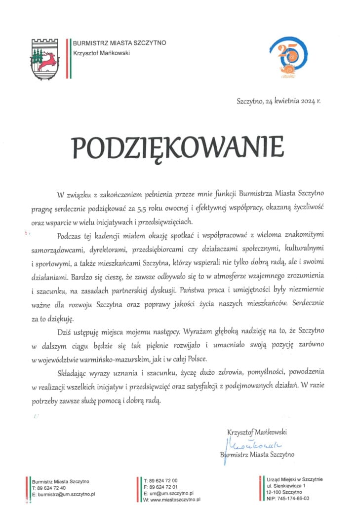 Podziękowanie od burmistrza miasta Szczytno