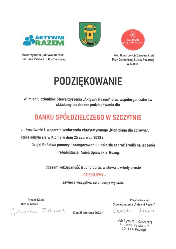 Podziękowania od stowarzyszenia "Aktywni Razem"