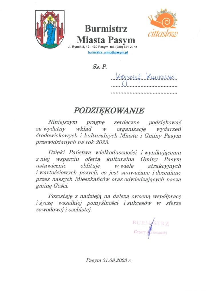 Podziękowania od burmistrza miasta Pasym