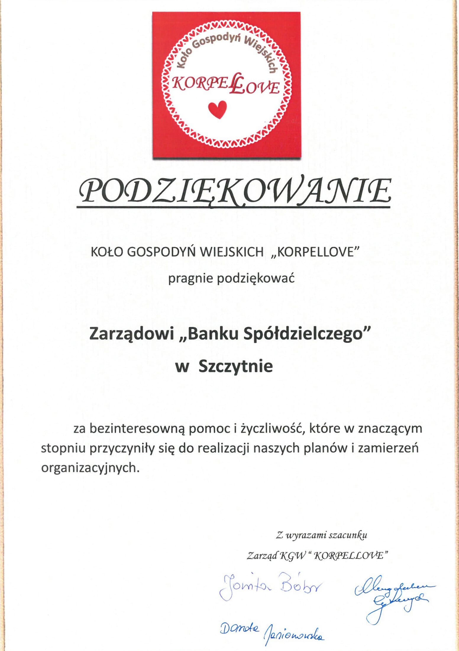 Podziękowania od Koła Gospodyń Wiejskich "Korpellove"