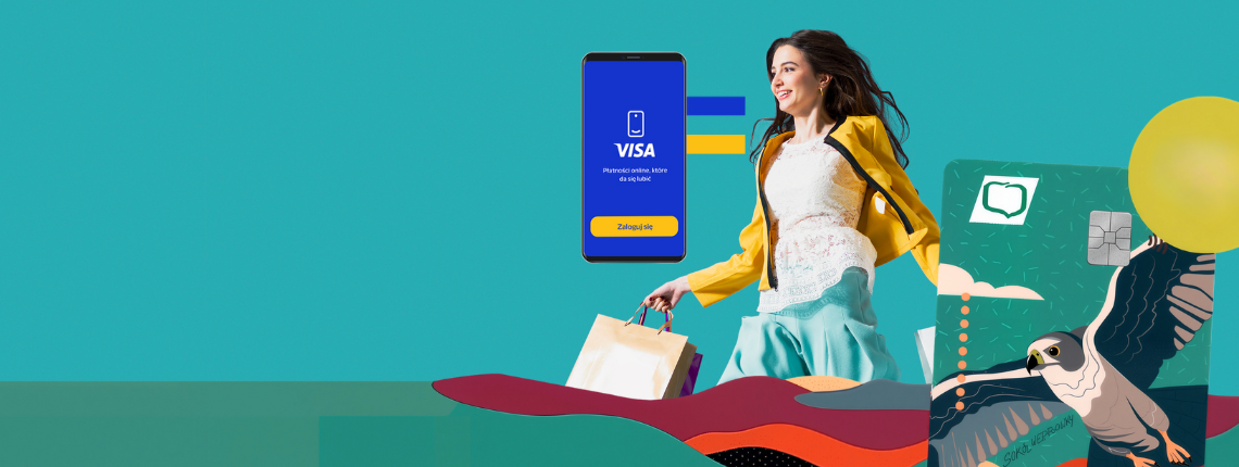 Aplikacja VISA, kobieta z siatkami z zakupami, wizerunek karty wielowalutowej
